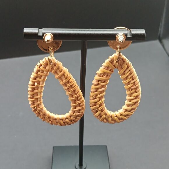 New Ratten Straw Wicker Braid Drop Dangle Statement Earrings - Picture 4 of 5